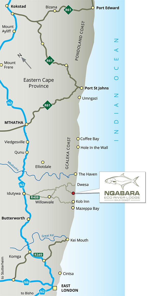Drawn map of the Transkei to Nqabara Eco River Lodge